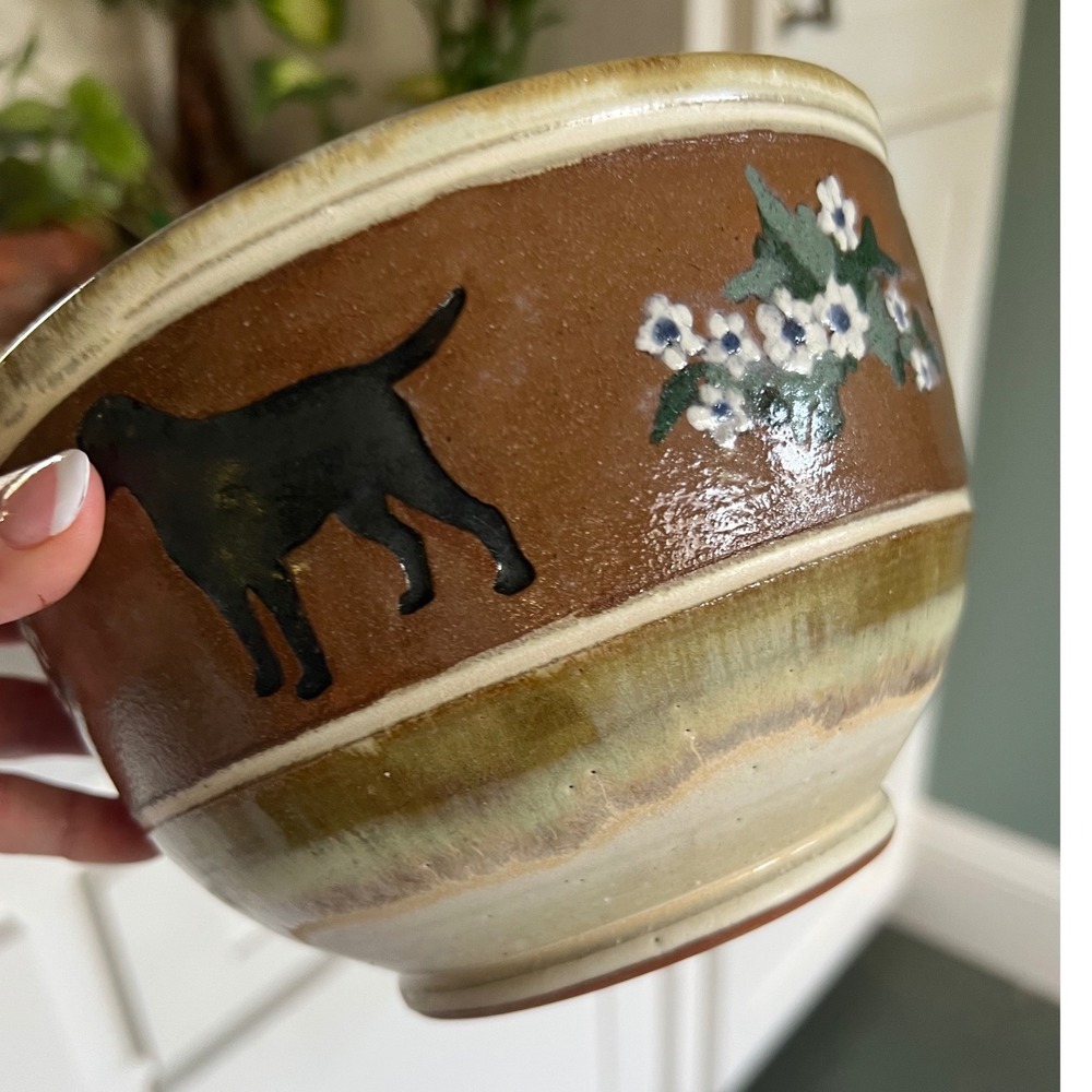 Vintage Studio Pottery Black Lab Dog Floral Stoneware Bowl Planter Brown Green